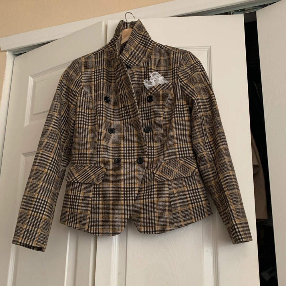 Plaid yellow wool blend blazer